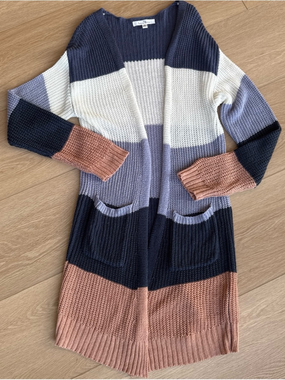 Long Open-Front Colorblock Cardigan Sweater - Navy, White & Dusty Rose